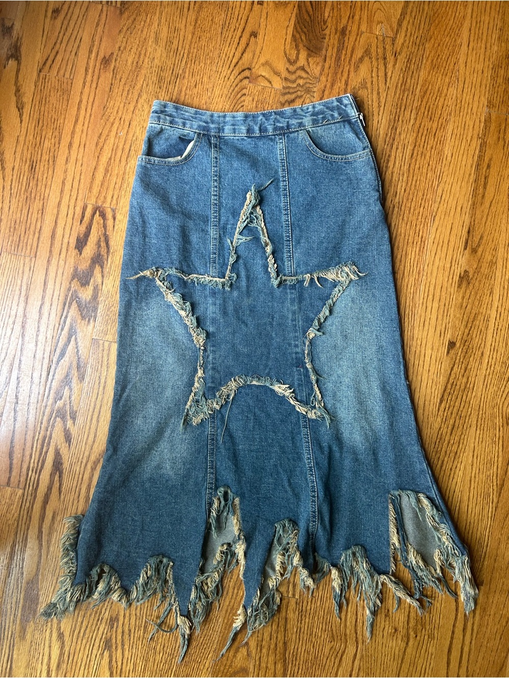 Distressed Denim Maxi Skirt with Star Appliqués